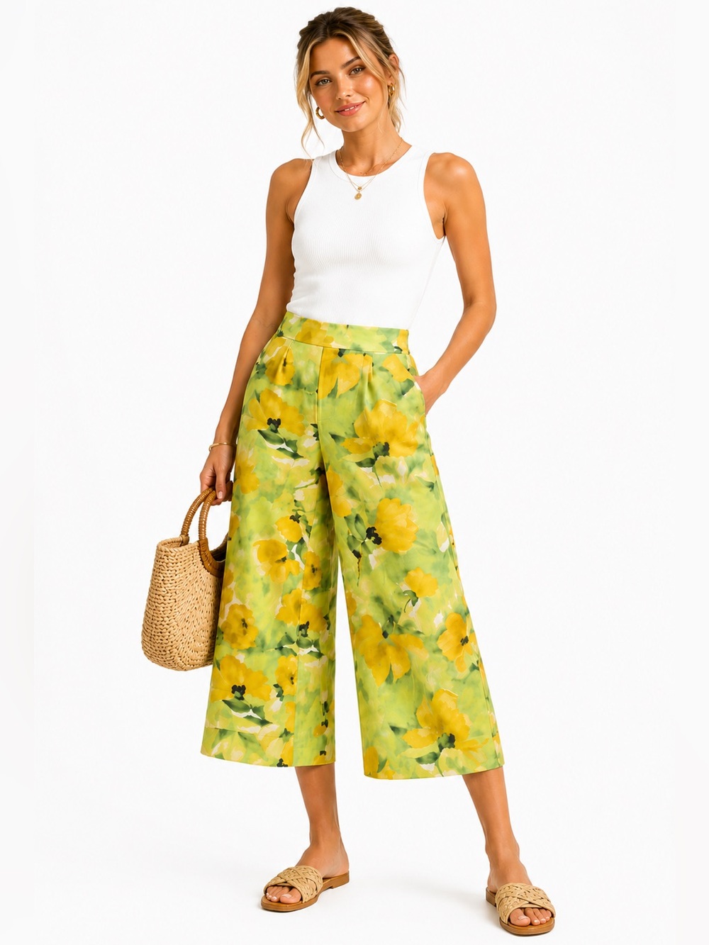 Simply Vera Wang Floral Wide Leg Crop Pants High Rise Linen Blend Size Small NWT